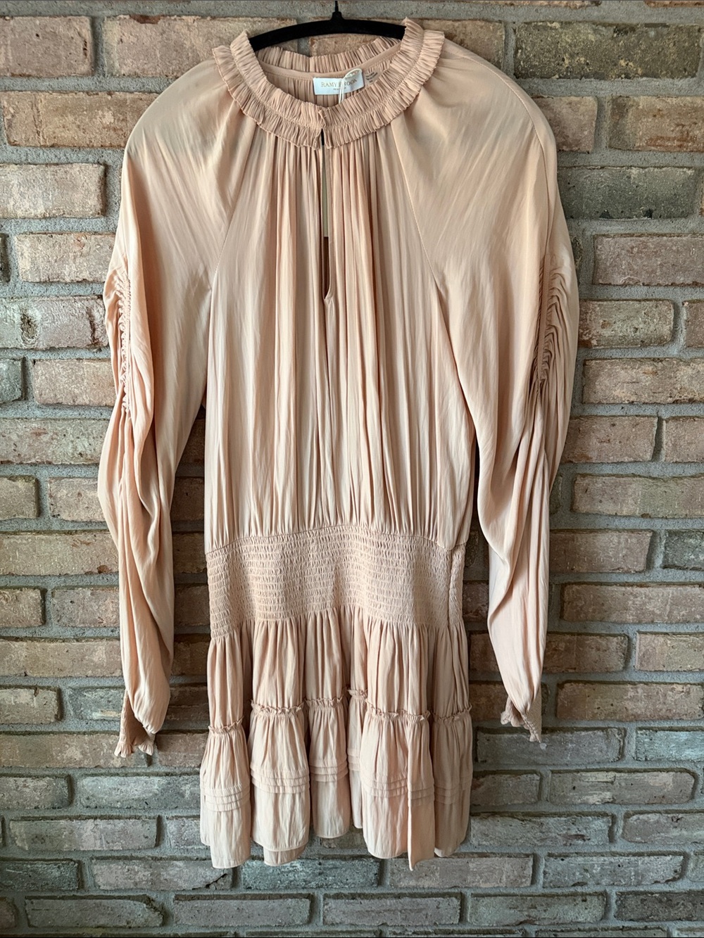 Ramy Brook Nude-Peach Long-Sleeve Smocked-Tier Mini Dress